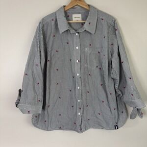 Court + Rowe Top Womens‎ 2XL Striped Embroidered Rose Button Down Shirt Career